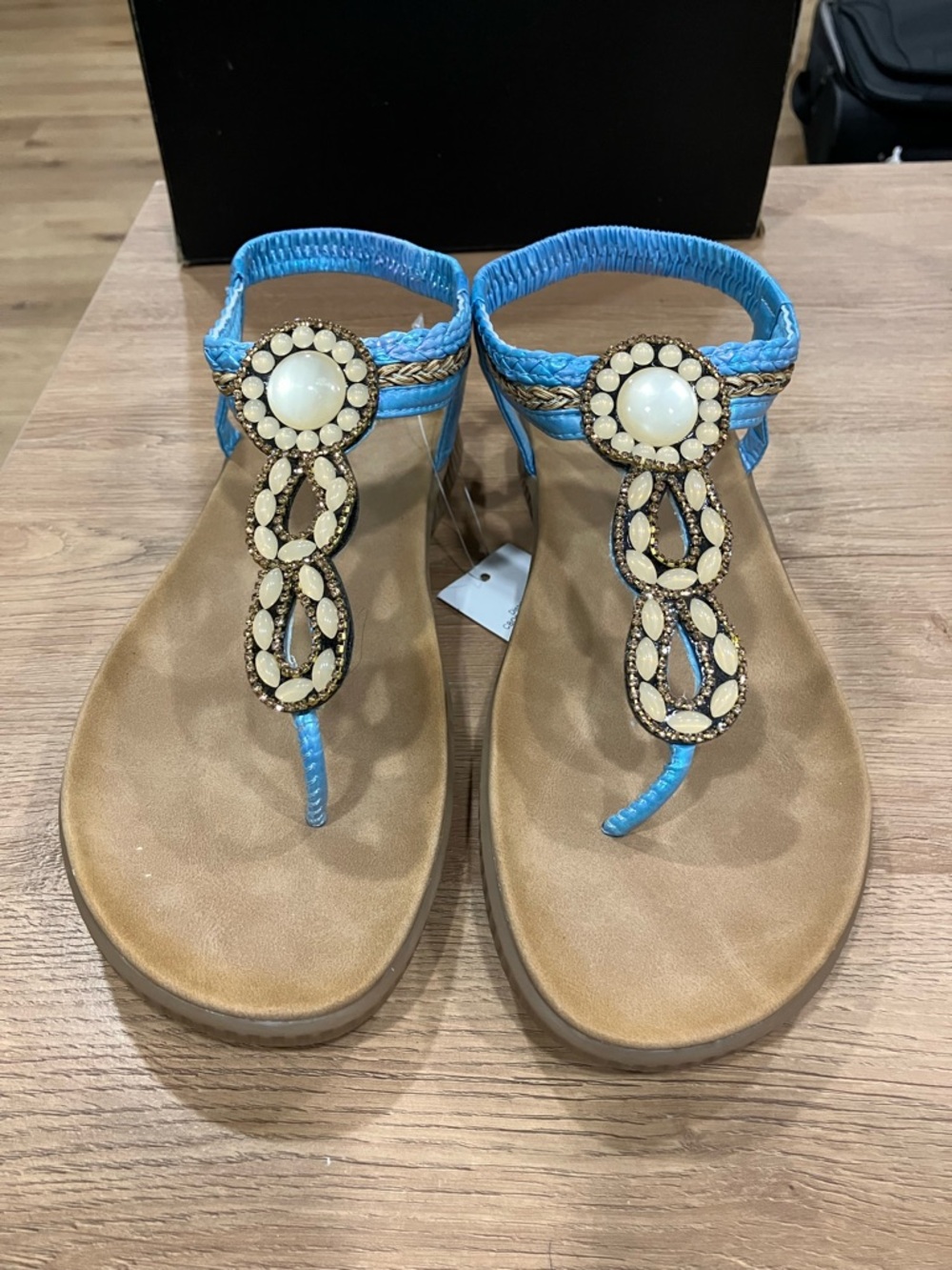 Beaded Blue T-strap Women's Sandals with Gem Detail
